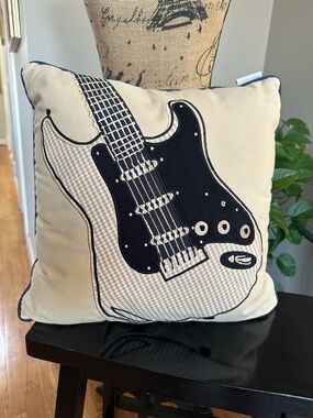 Levtex Cream and Black Guitar Appliqué Pillow with Black Piping